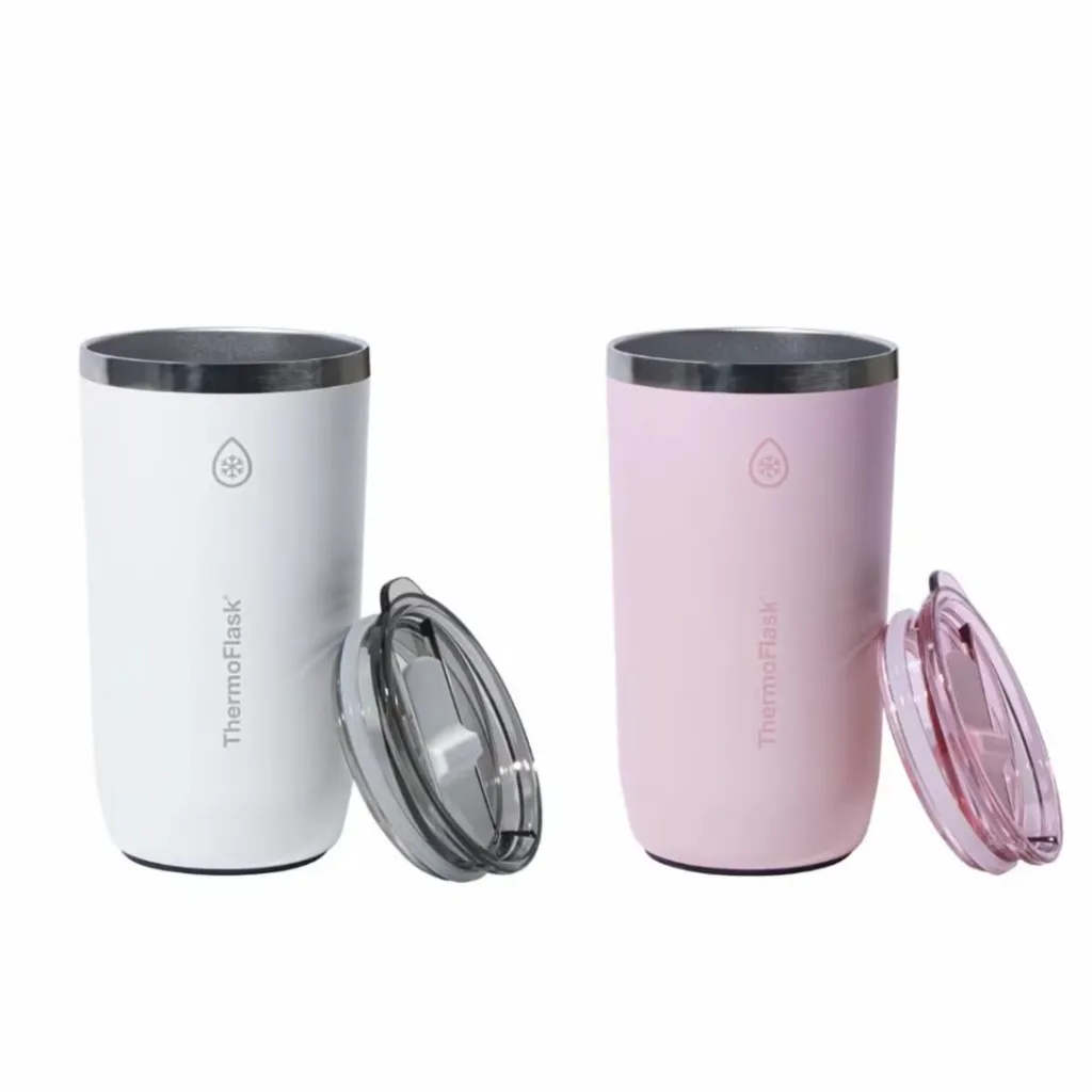 ThermoFlask Juego de 2 Vasos de Acero Inoxidable con Aislamiento al Vacío de 474 mL, Rosa y Blanco, Morado y Verde